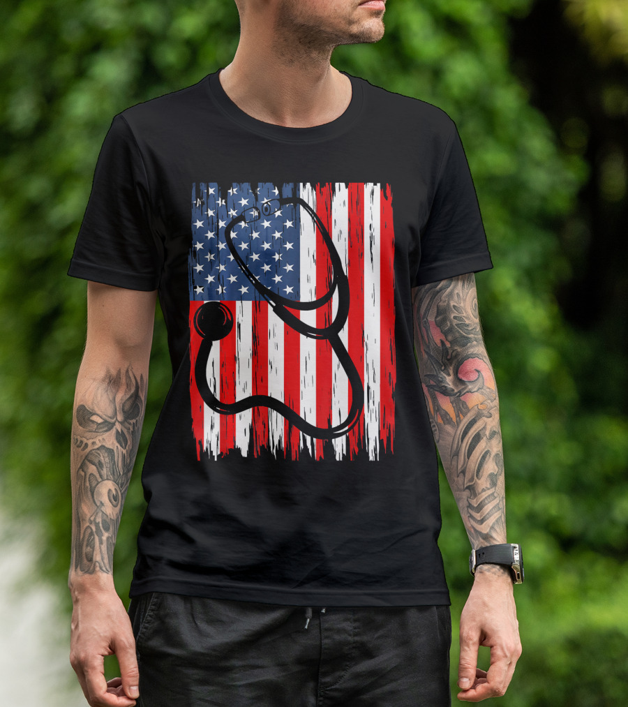 Nurse 4th Of July American Flag Stethoscope T-Shirt