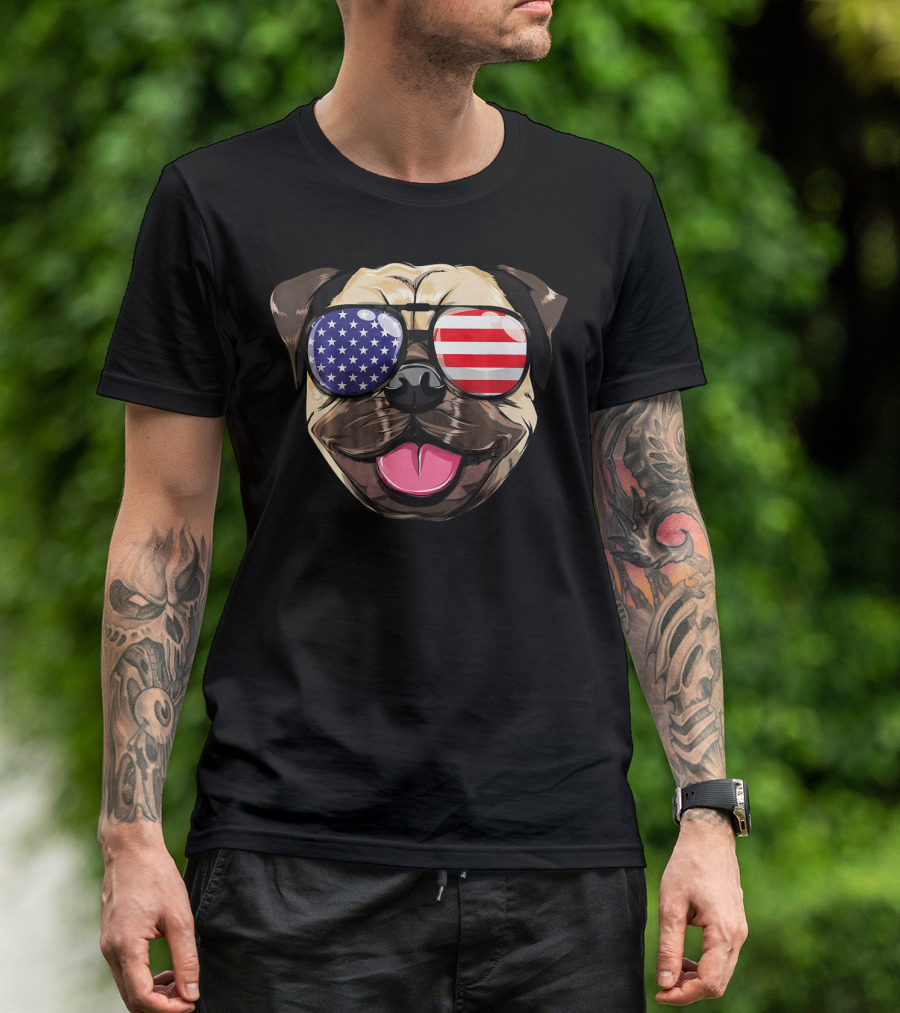 Pug Dog With American Flag Sunglasses Patriotic T-Shirt