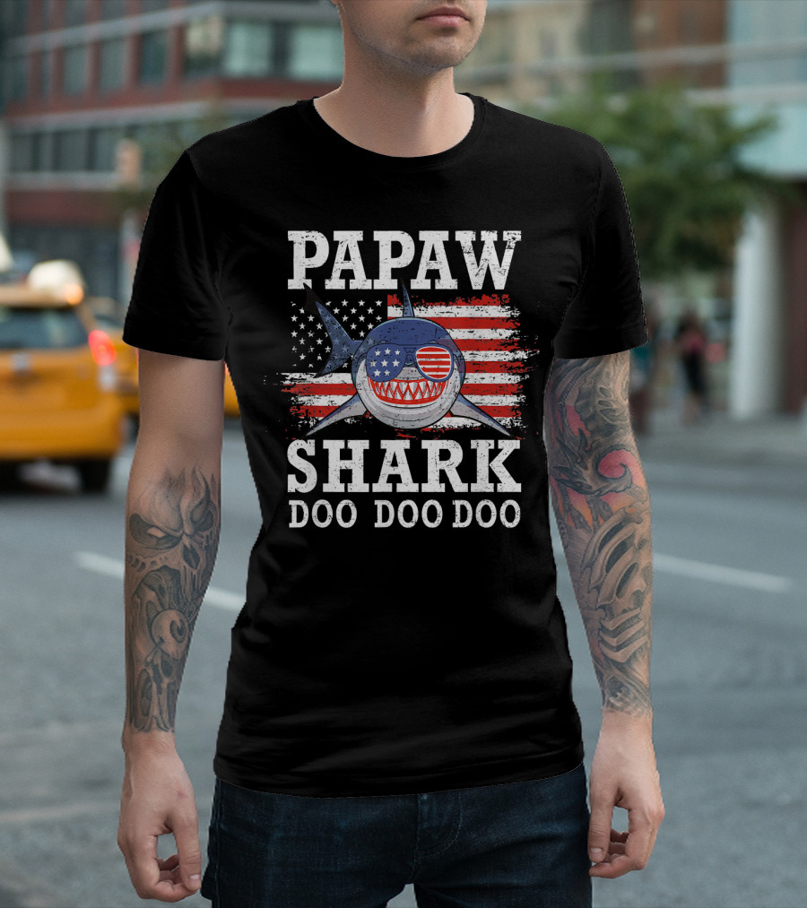 Papaw Shark Doo Doo Doo American Flag Sunglasses T-Shirt