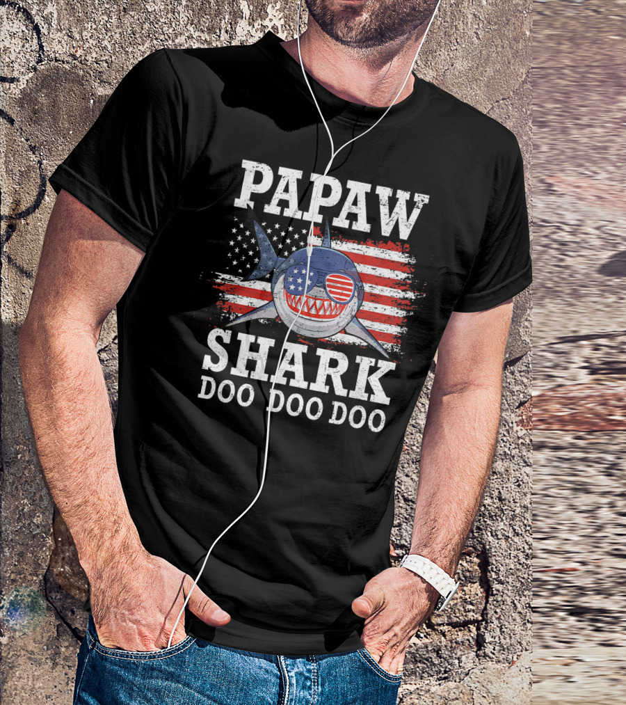Papaw Shark Doo Doo Doo American Flag Sunglasses T-Shirt