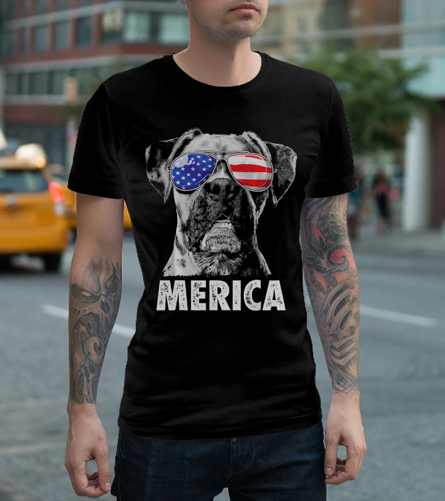 Merica Boxer Dog With American Flag Sunglasses T-Shirt