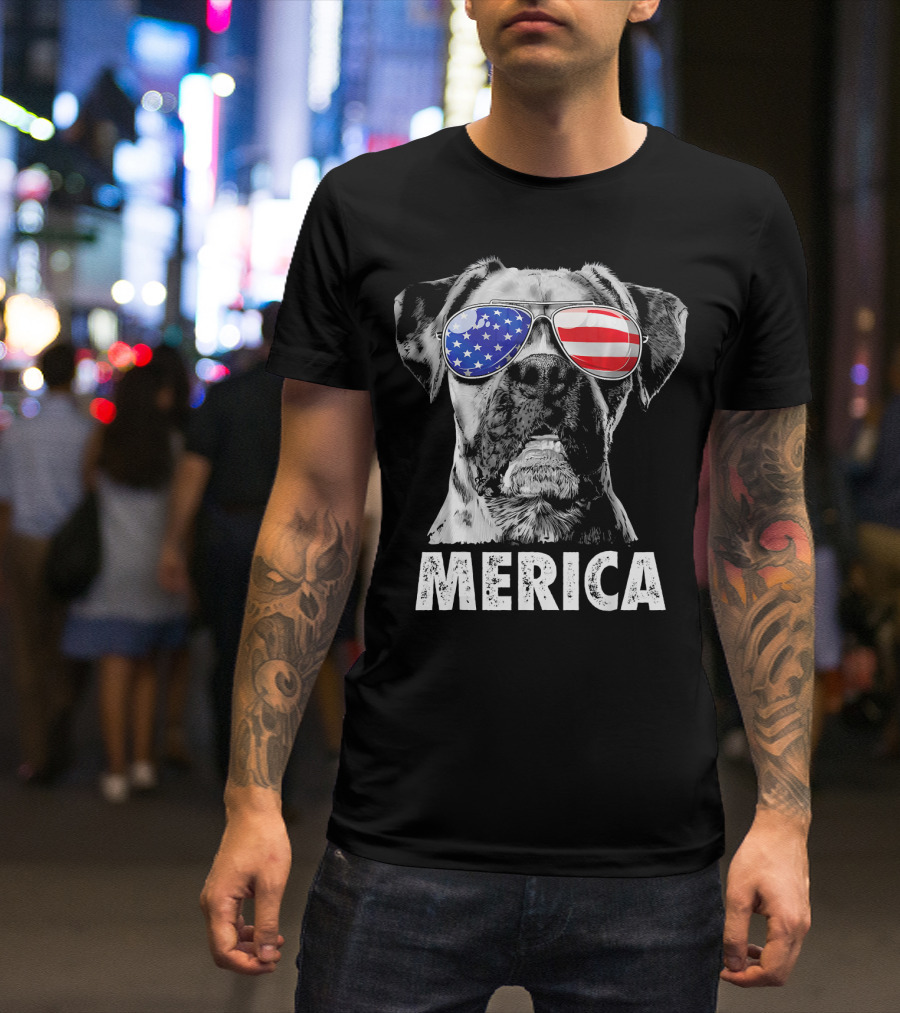 Merica Boxer Dog With American Flag Sunglasses T-Shirt