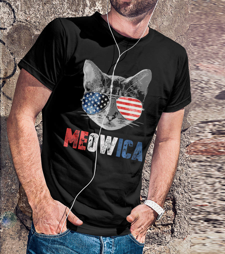 Cat Wearing American Flag Sunglasses Meowica 4th Of July T-Shirt