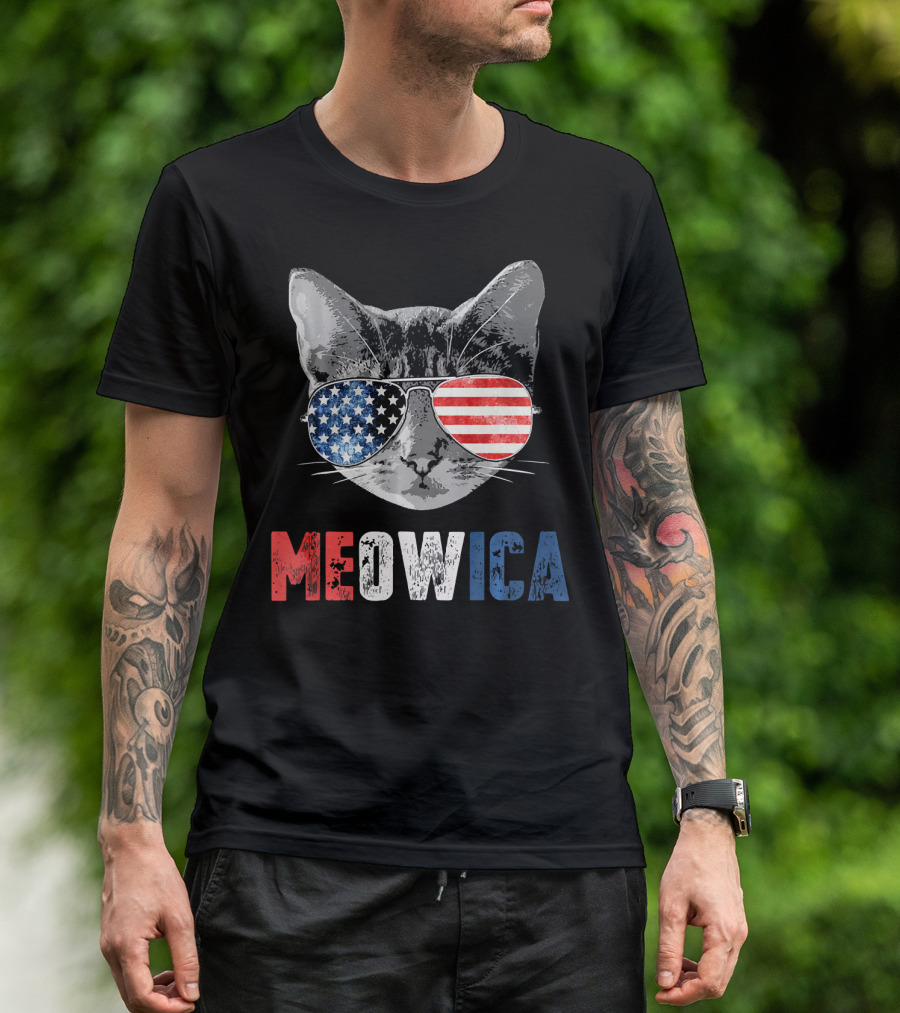 Cat Wearing American Flag Sunglasses Meowica 4th Of July T-Shirt