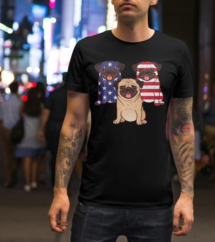 4Th Of July American Flag Pug Celebration US Pug Trio T-Shirt