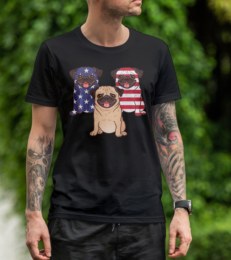 4Th Of July American Flag Pug Celebration US Pug Trio T-Shirt
