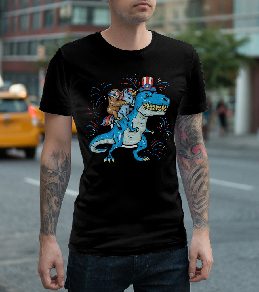 Patriotic Sloth Unicorn Rex Dinosaur Fireworks 4th Of July T-Shirt