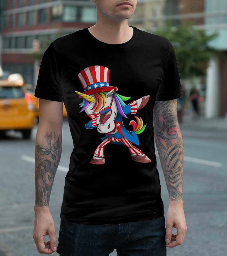 Unicorn Dabbing Uncle Sam Patriotic Rainbow T-Shirt