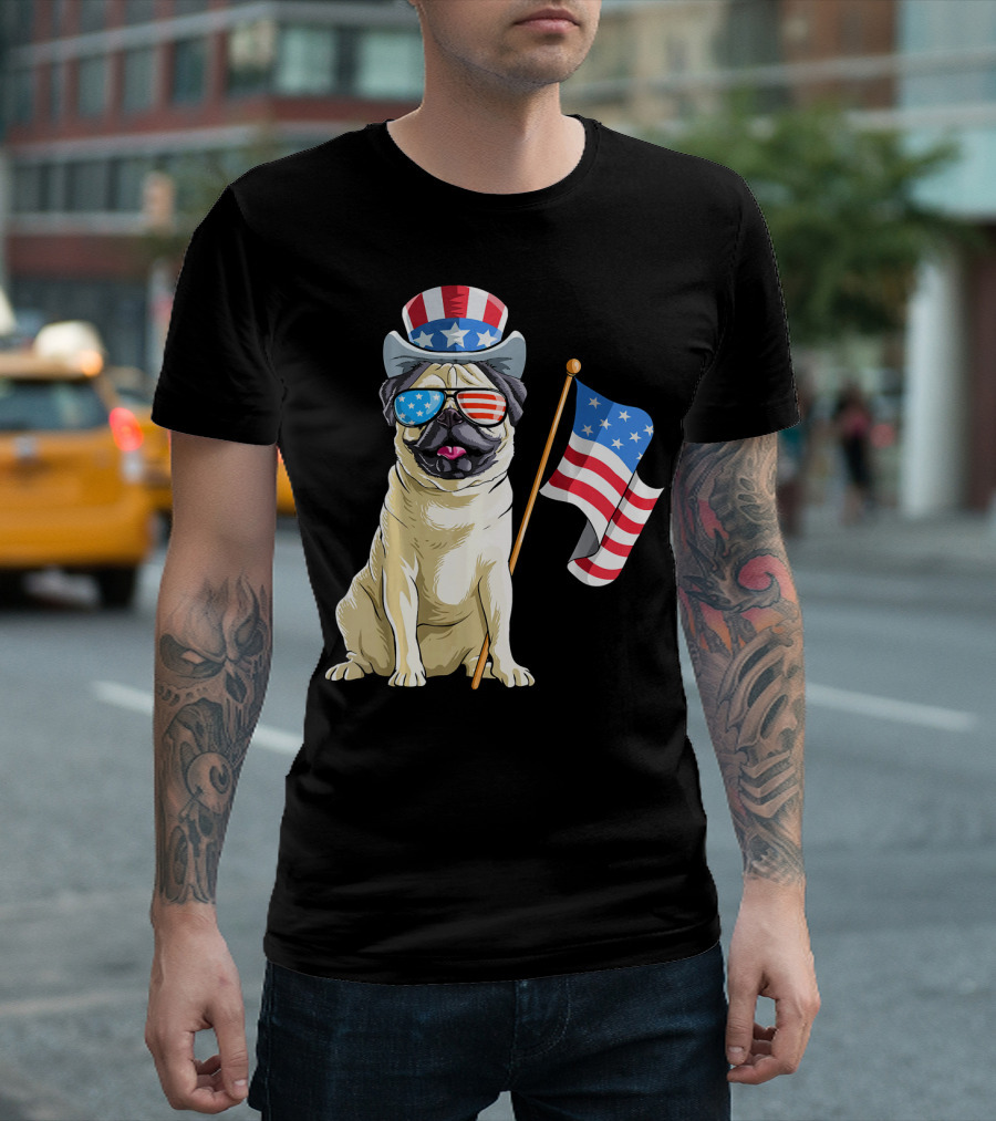 Pug in Patriotic Hat and Sunglasses Holding American Flag T-Shirt