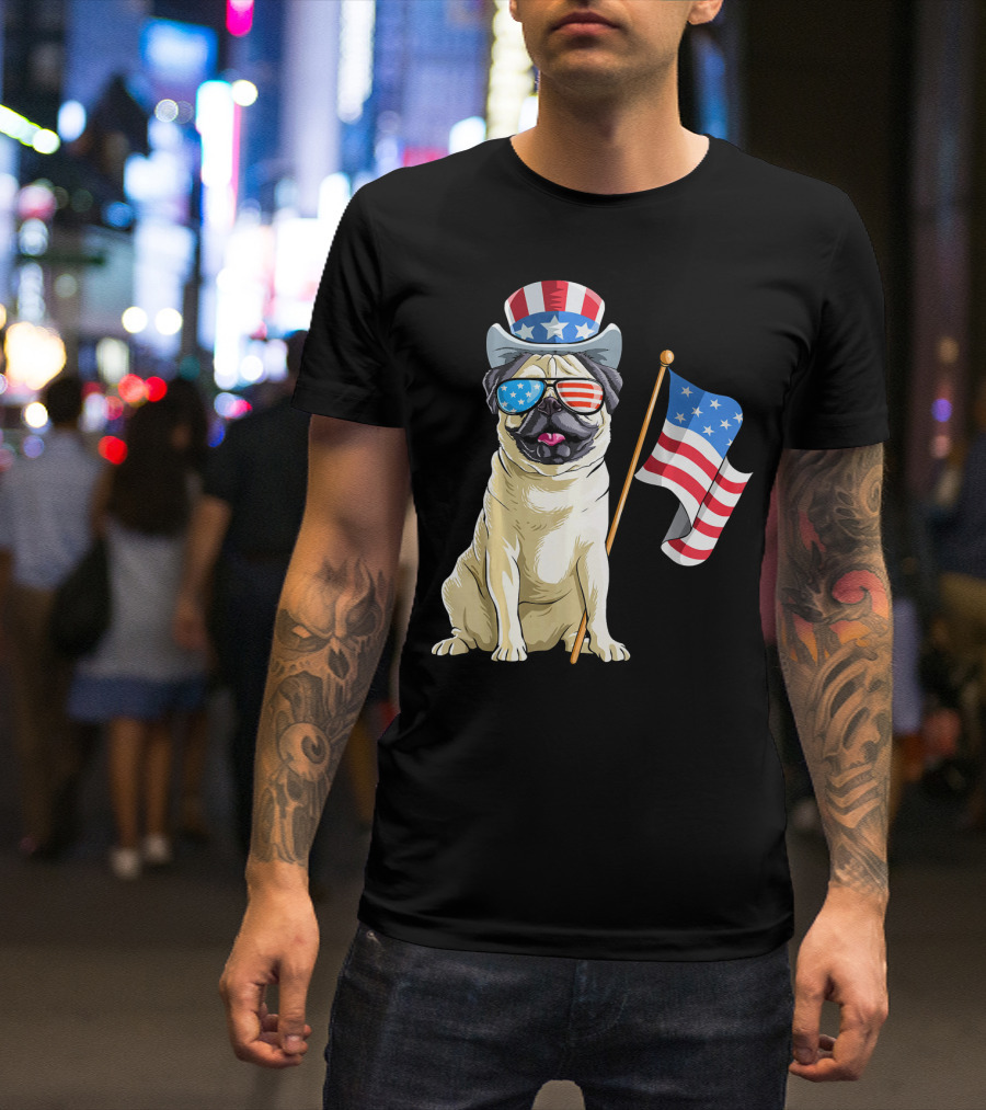 Pug In Patriotic Hat And Sunglasses Holding American Flag T-Shirt