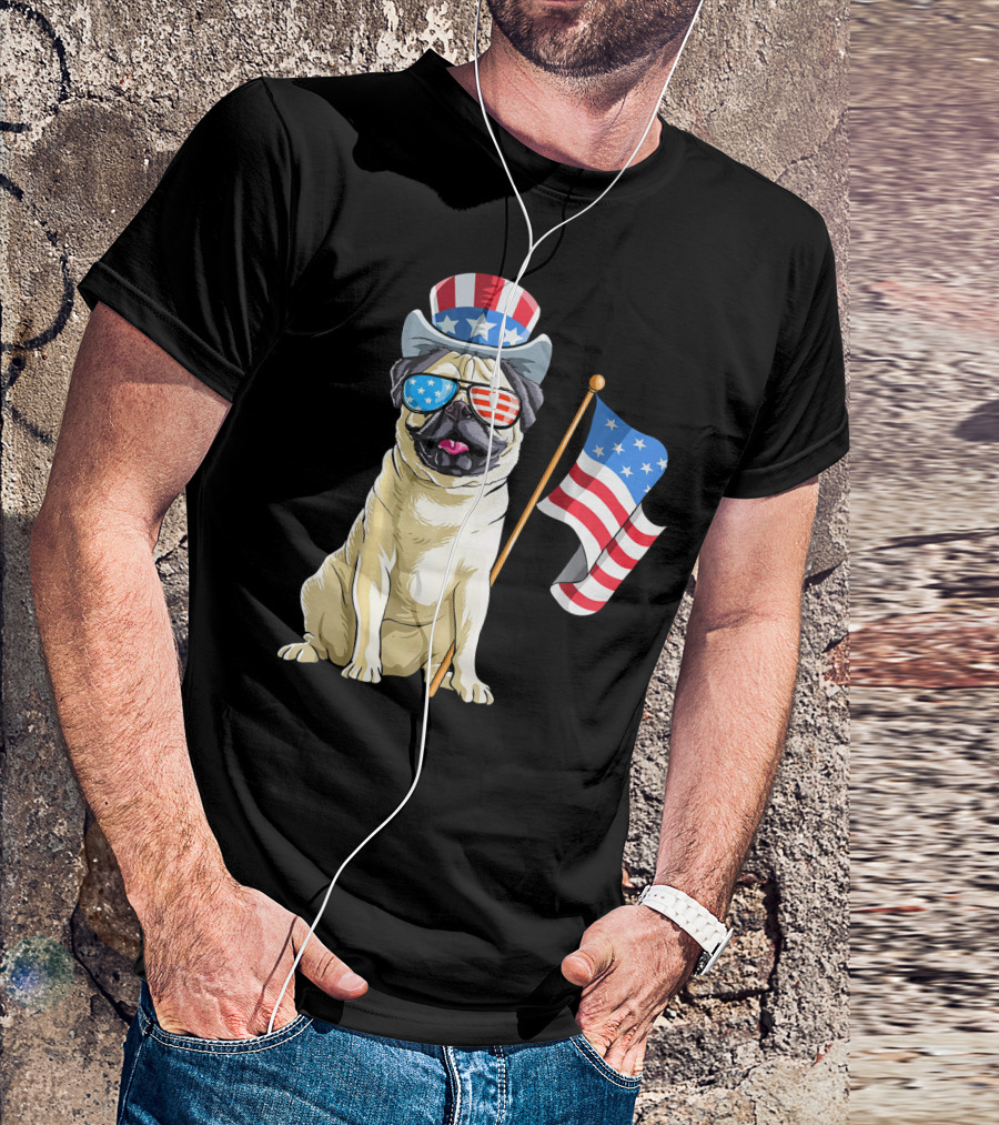 Pug In Patriotic Hat And Sunglasses Holding American Flag T-Shirt