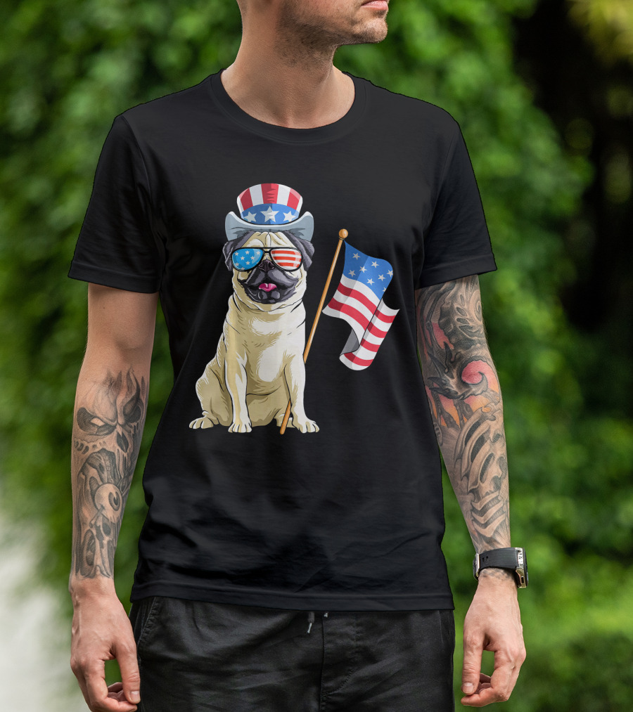 Pug In Patriotic Hat And Sunglasses Holding American Flag T-Shirt