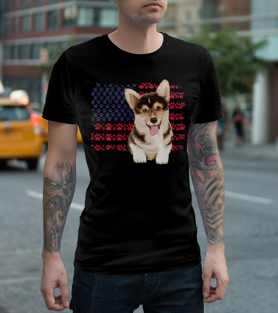 American Flag Corgi Dog With Paw Prints T-Shirt