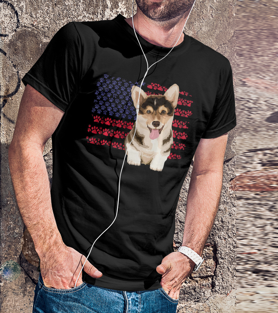 American Flag Corgi Dog With Paw Prints T-Shirt