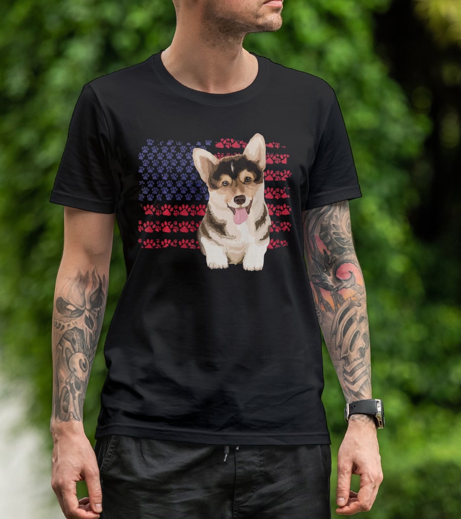American Flag Corgi Dog With Paw Prints T-Shirt