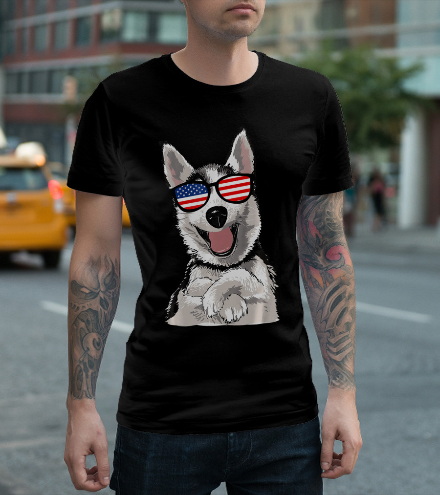 Patriotic Dog Husky With American Flag Sunglasses T-Shirt