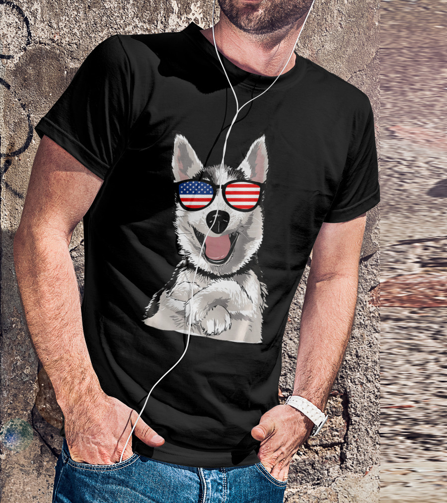 Patriotic Dog Husky With American Flag Sunglasses T-Shirt