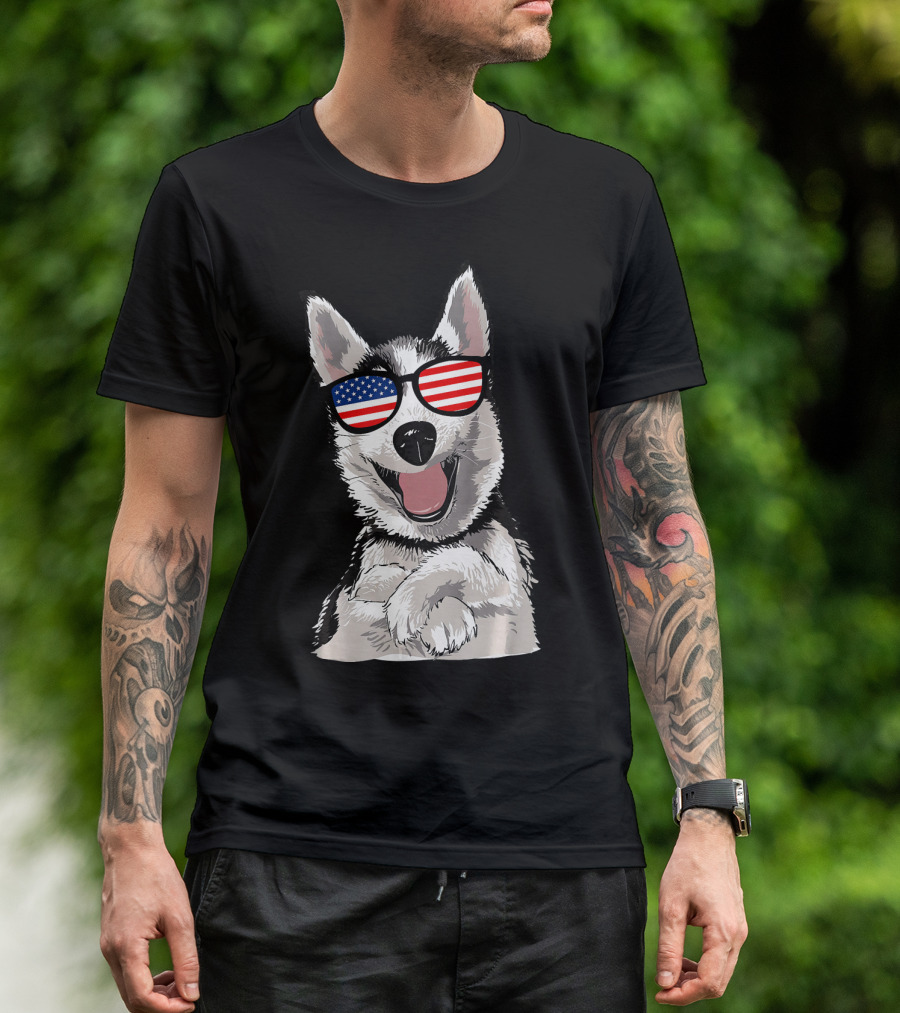 Patriotic Dog Husky With American Flag Sunglasses T-Shirt