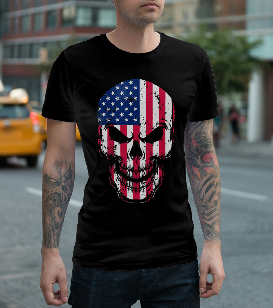 4th Of July American Flag Skull Head Red Stripes Stars USA T-Shirt