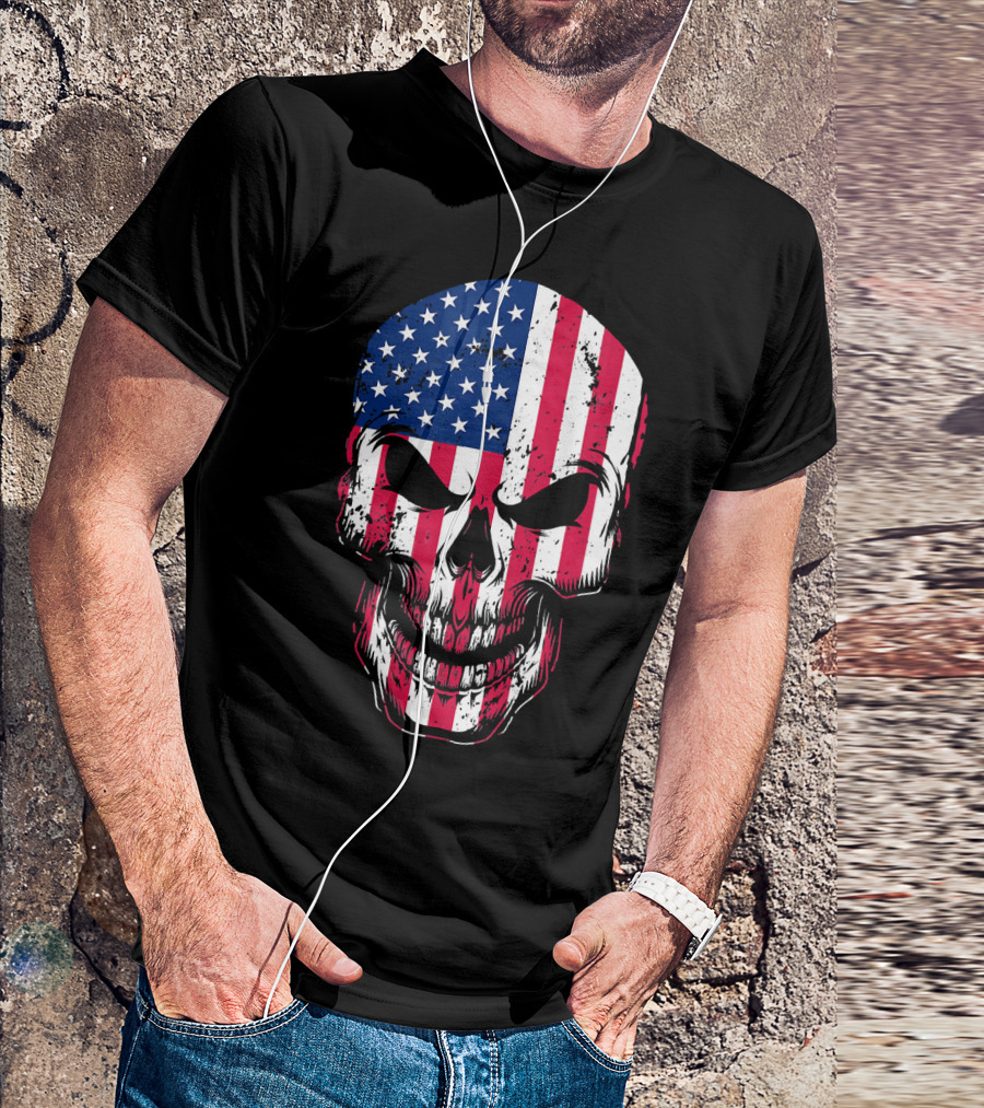 4th Of July American Flag Skull Head Red Stripes Stars USA T-Shirt