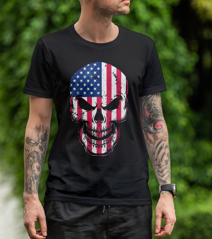 4th Of July American Flag Skull Head Red Stripes Stars USA T-Shirt