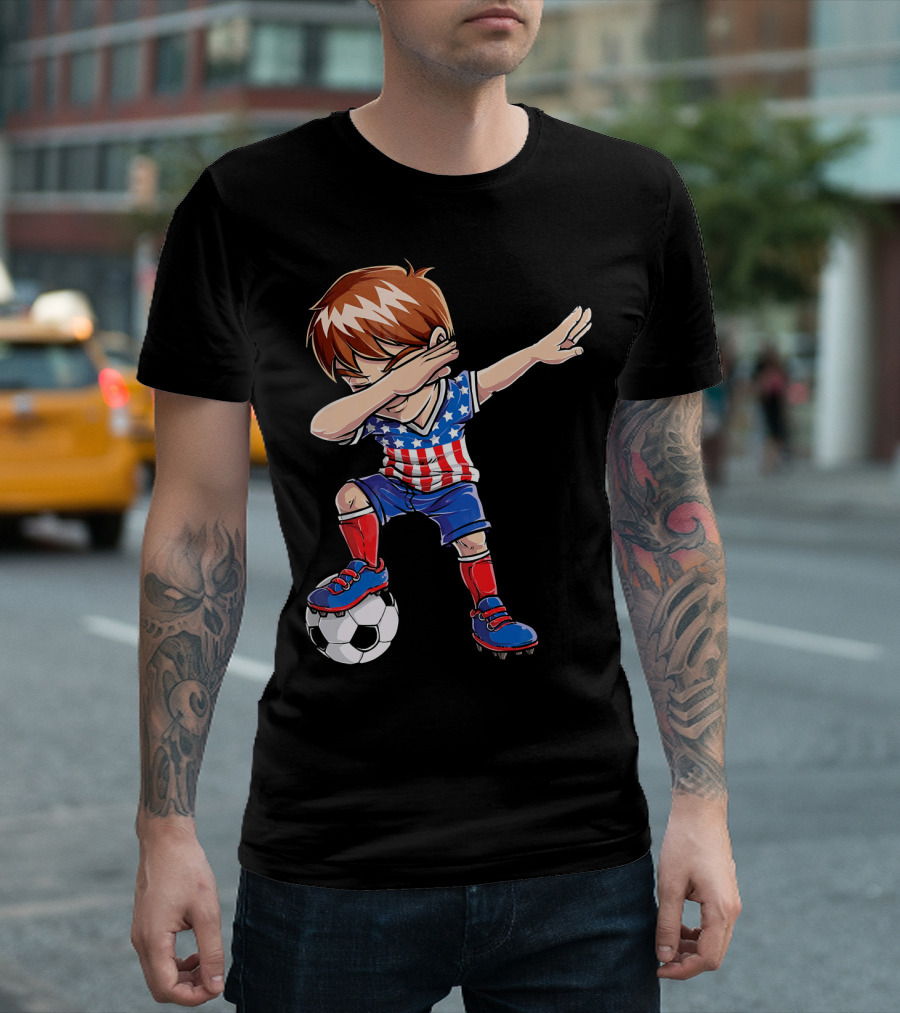 Dabbing Soccer Boy with American Flag Jersey T-Shirt