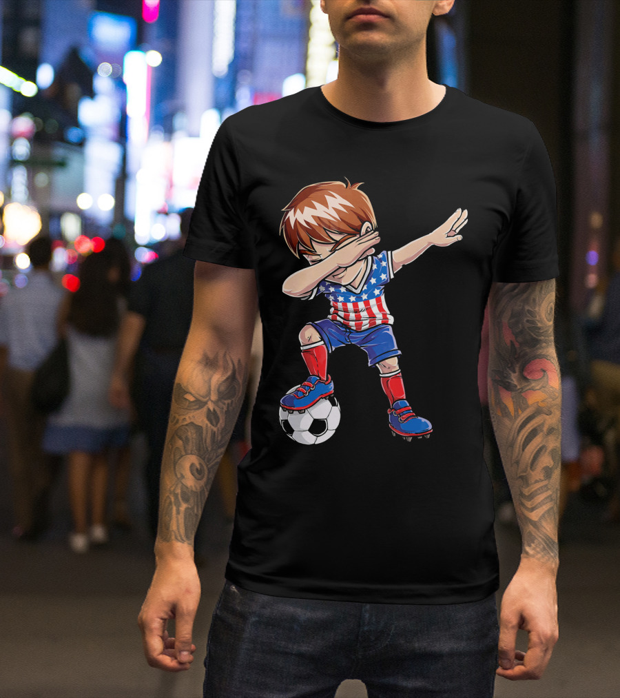 Dabbing Soccer Boy With American Flag Jersey T-Shirt