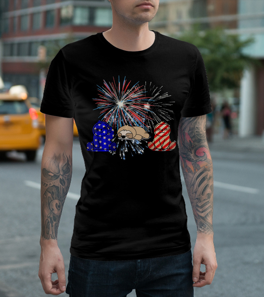 Red White Blue Sloth Fireworks Patriotic T-Shirt