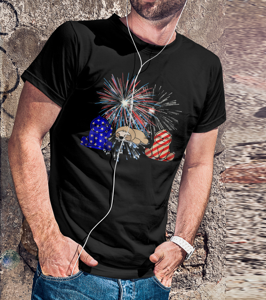 Red White Blue Sloth Fireworks Patriotic T-Shirt