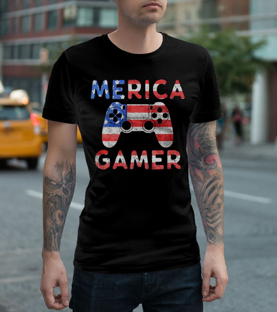 Merica Gamer American Flag 4th of July Patriot T-Shirt