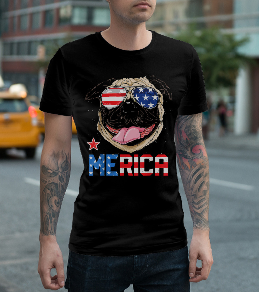 Merica Pug With American Flag Sunglasses And Star For 4th Of July T-Shirt