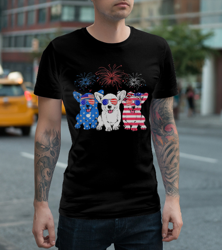 Corgi Trio with American Flag Sunglasses and Fireworks USA 4th of July T-Shirt