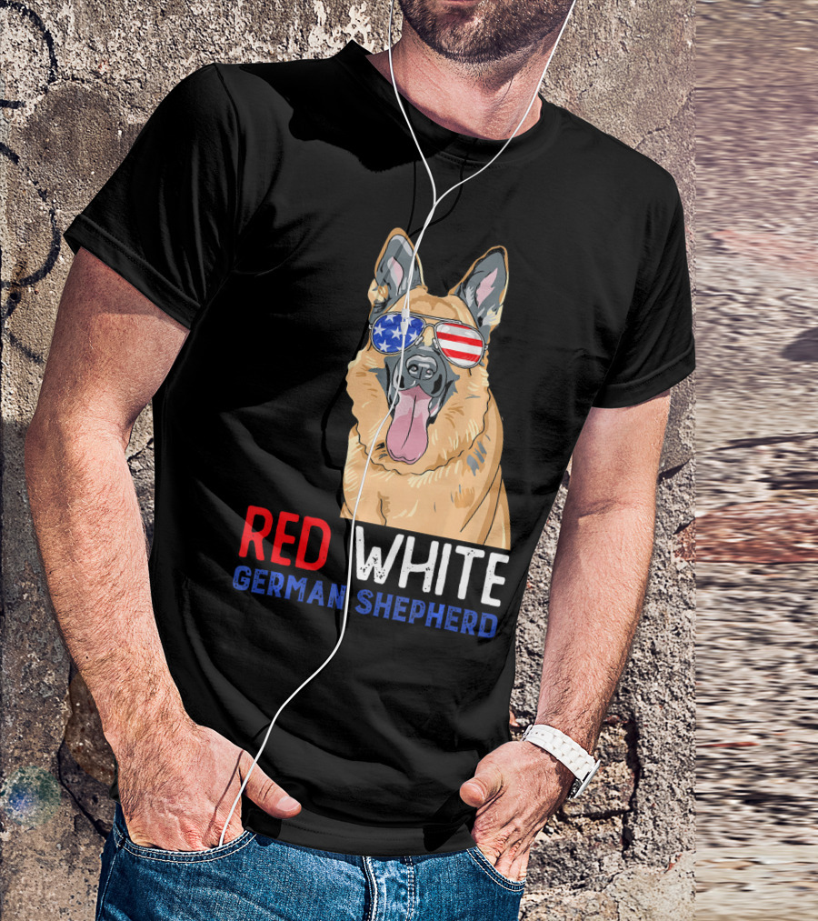 Red White German Shepherd USA Sunglasses Stars Stripes T-Shirt