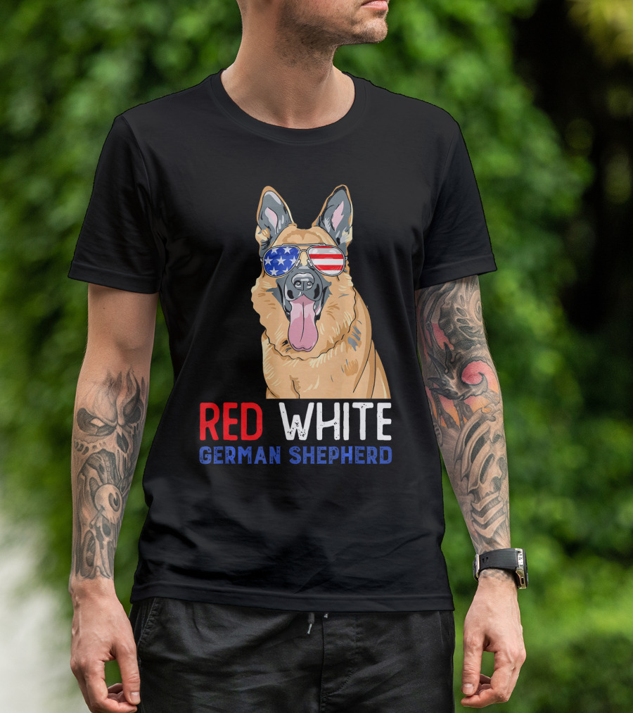 Red White German Shepherd USA Sunglasses Stars Stripes T-Shirt