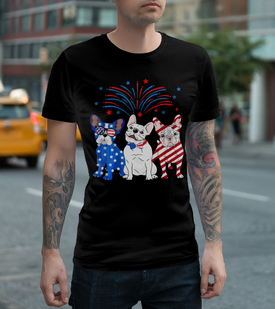 American Flag USA 4th Of July French Bulldog With Fireworks T-Shirt