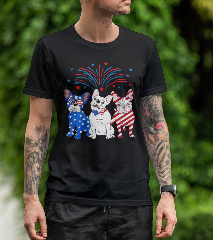 American Flag USA 4th Of July French Bulldog With Fireworks T-Shirt