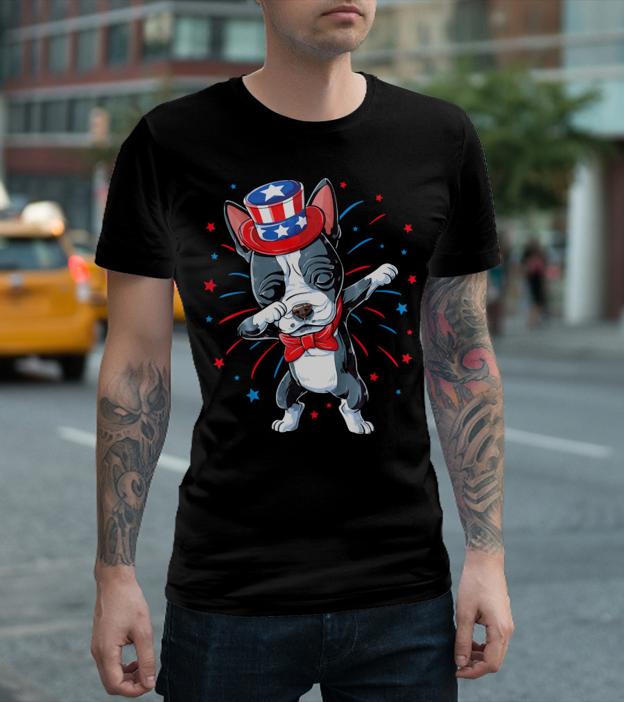 Dabbing Boston Terrier Fireworks Uncle Sam Hat 4th of July T-Shirt