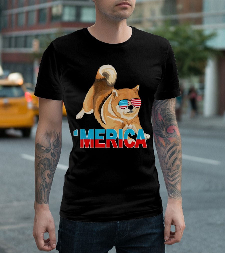 Merica Shiba Inu With American Flag Sunglasses T-Shirt