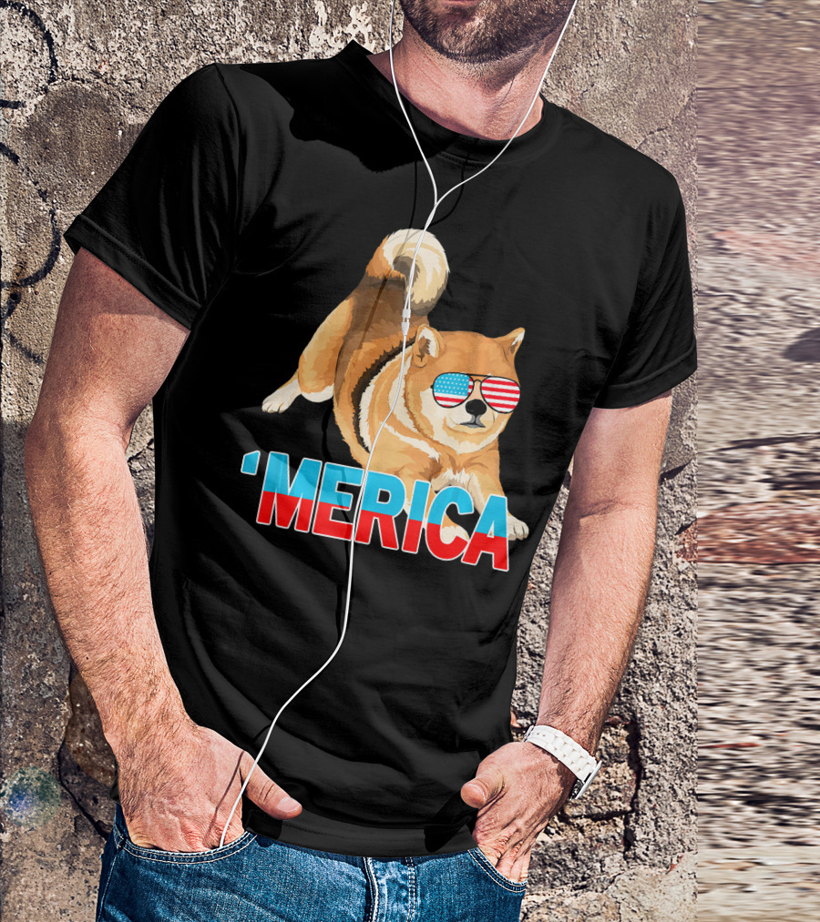 Merica Shiba Inu With American Flag Sunglasses T-Shirt
