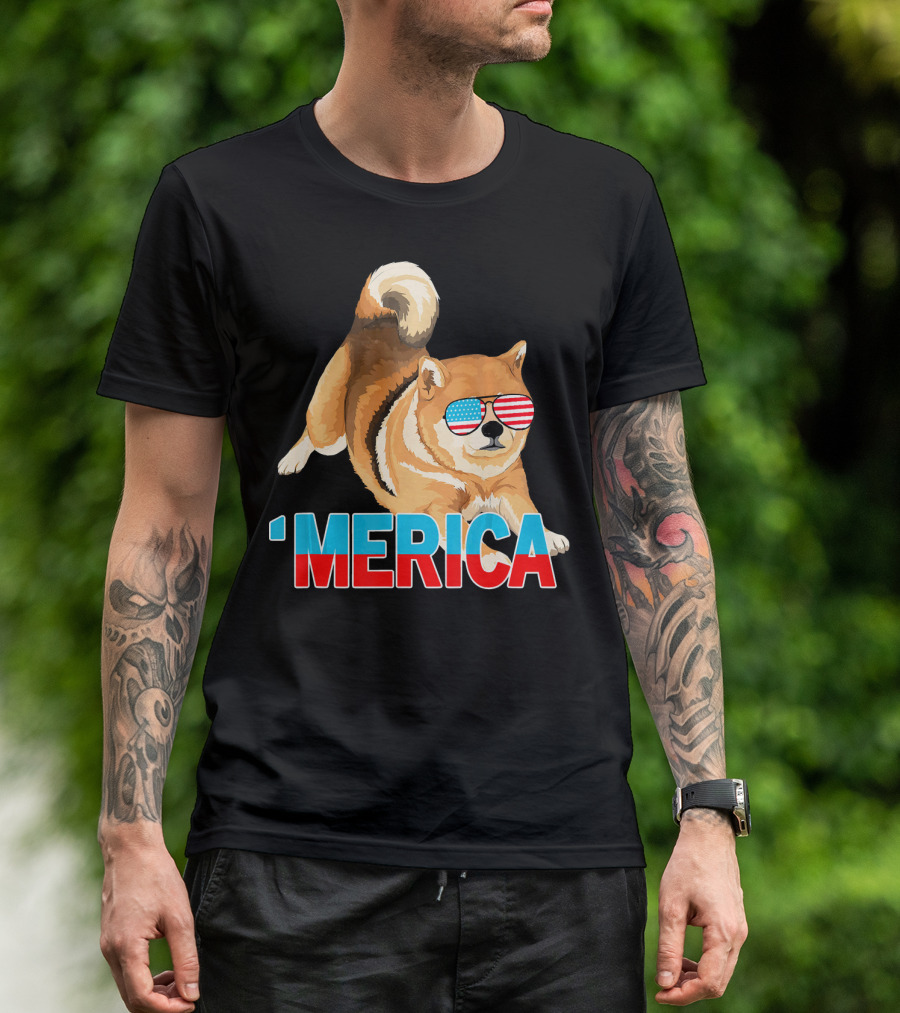 Merica Shiba Inu With American Flag Sunglasses T-Shirt