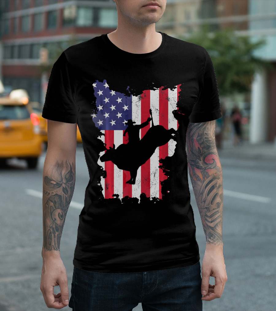 Bull Riding Cowboy Silhouette USA Flag T-Shirt