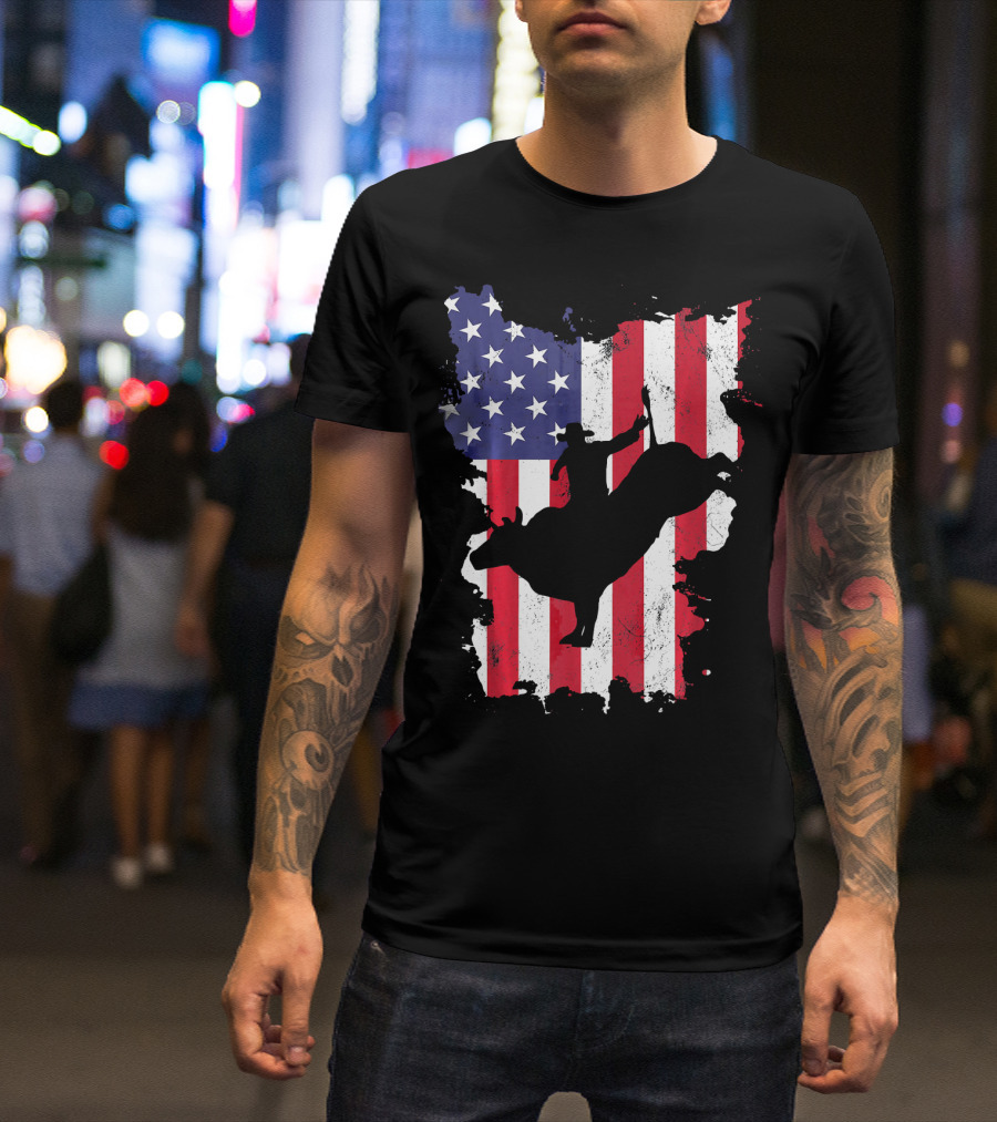 Bull Riding Cowboy Silhouette USA Flag T-Shirt