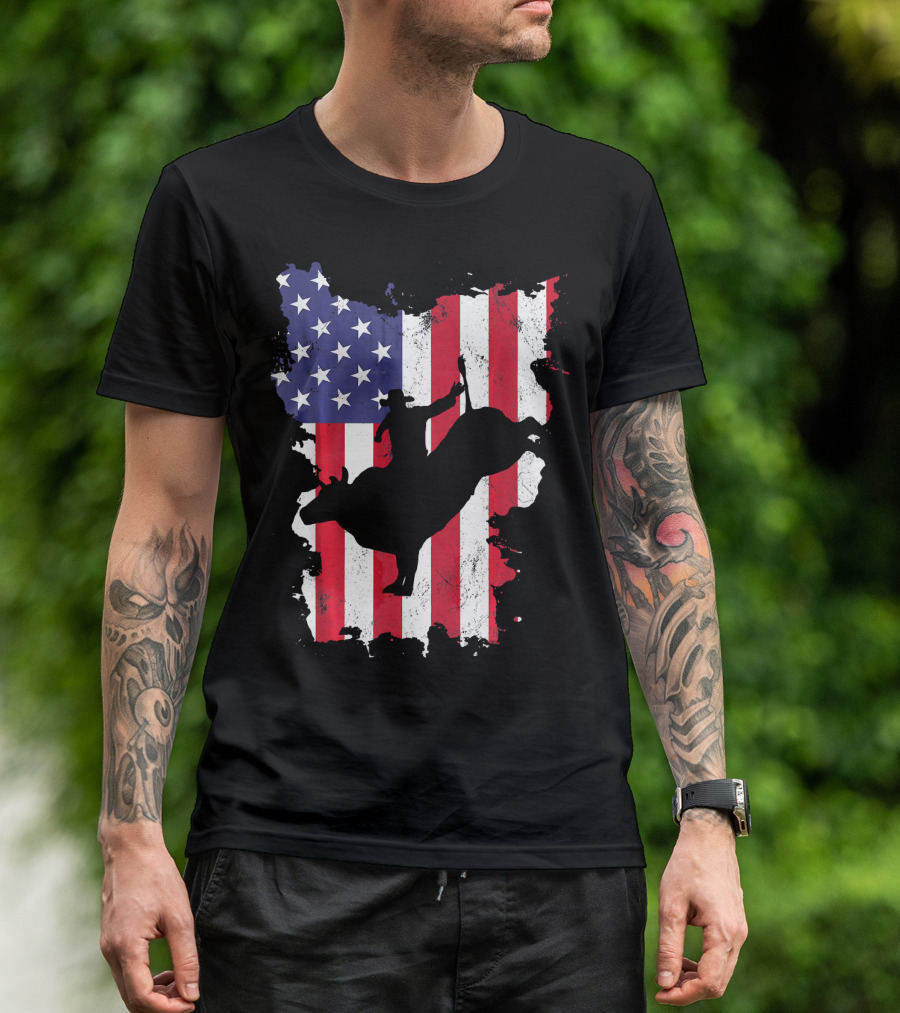 Bull Riding Cowboy Silhouette USA Flag T-Shirt