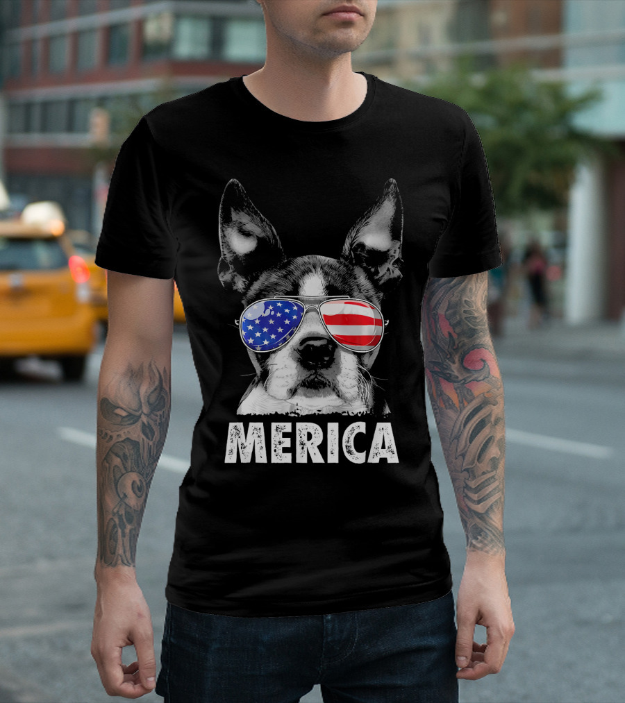Boston Terrier 4th of July Merica Patriotic Glasses T-Shirt