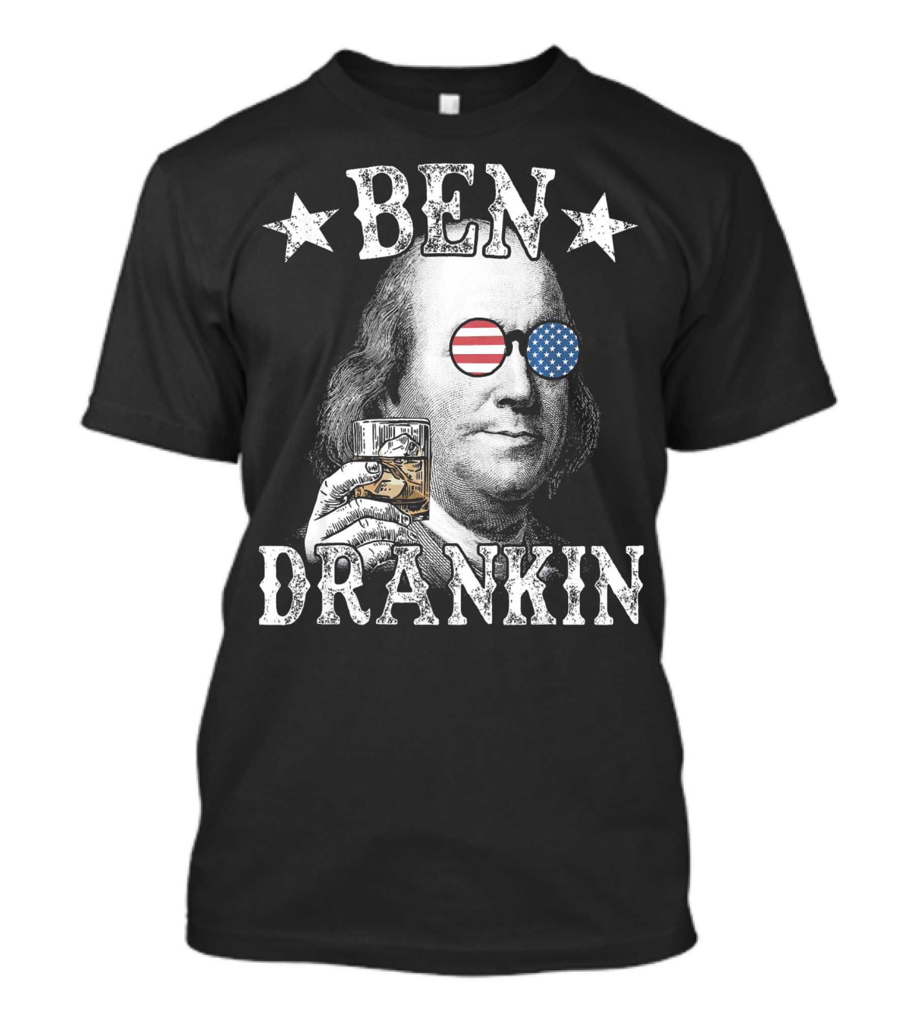 Ben Franklin Drinking Whiskey With American Flag Sunglasses 4th Of July Ben Drankin T-Shirt