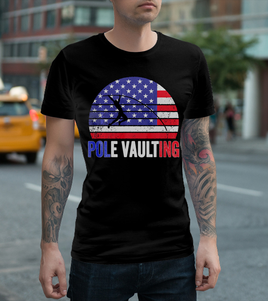 Pole Vaulting Silhouette on US Flag Vintage Patriotic 4th of July T-Shirt