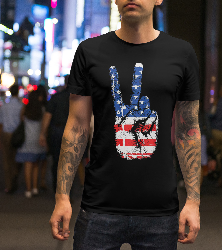 American Flag Peace Sign Hand Gesture T-Shirt