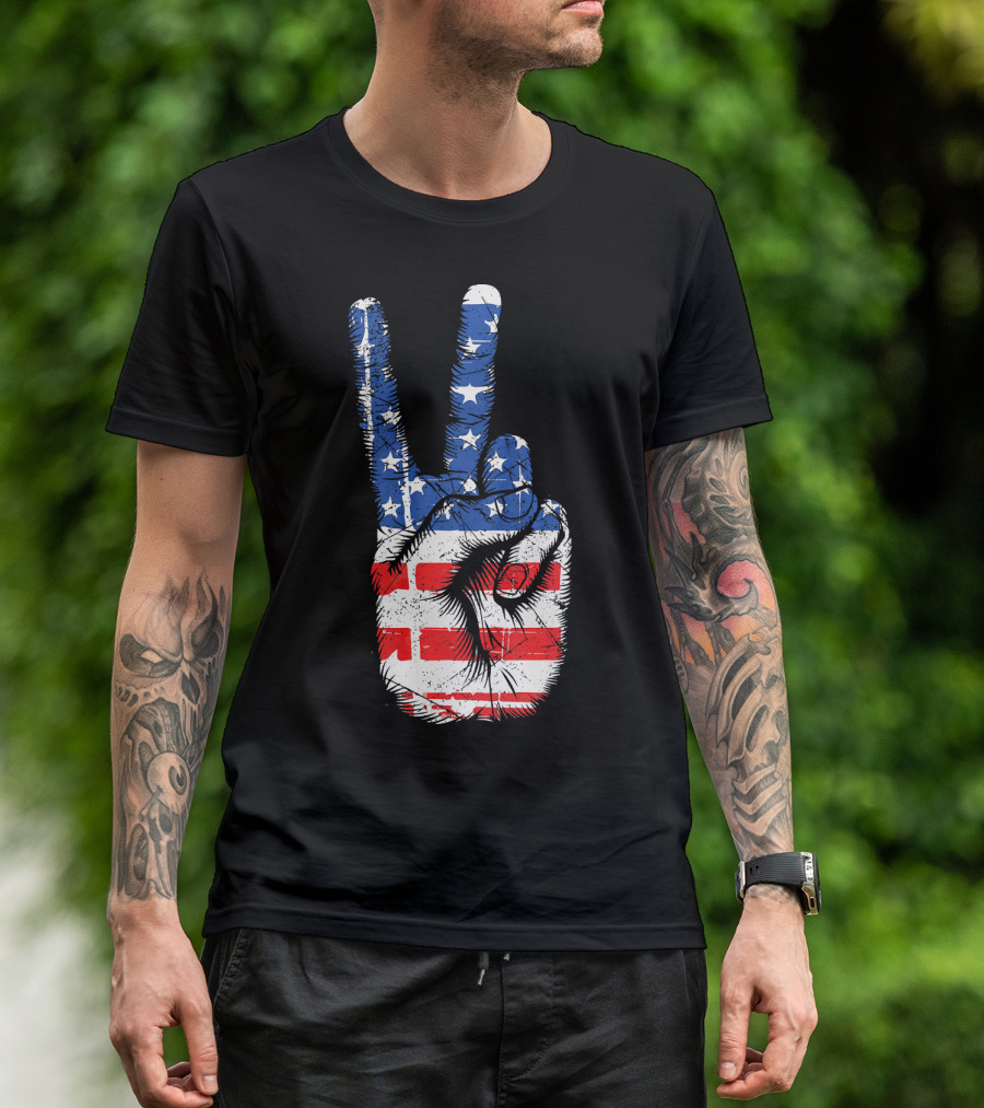 American Flag Peace Sign Hand Gesture T-Shirt