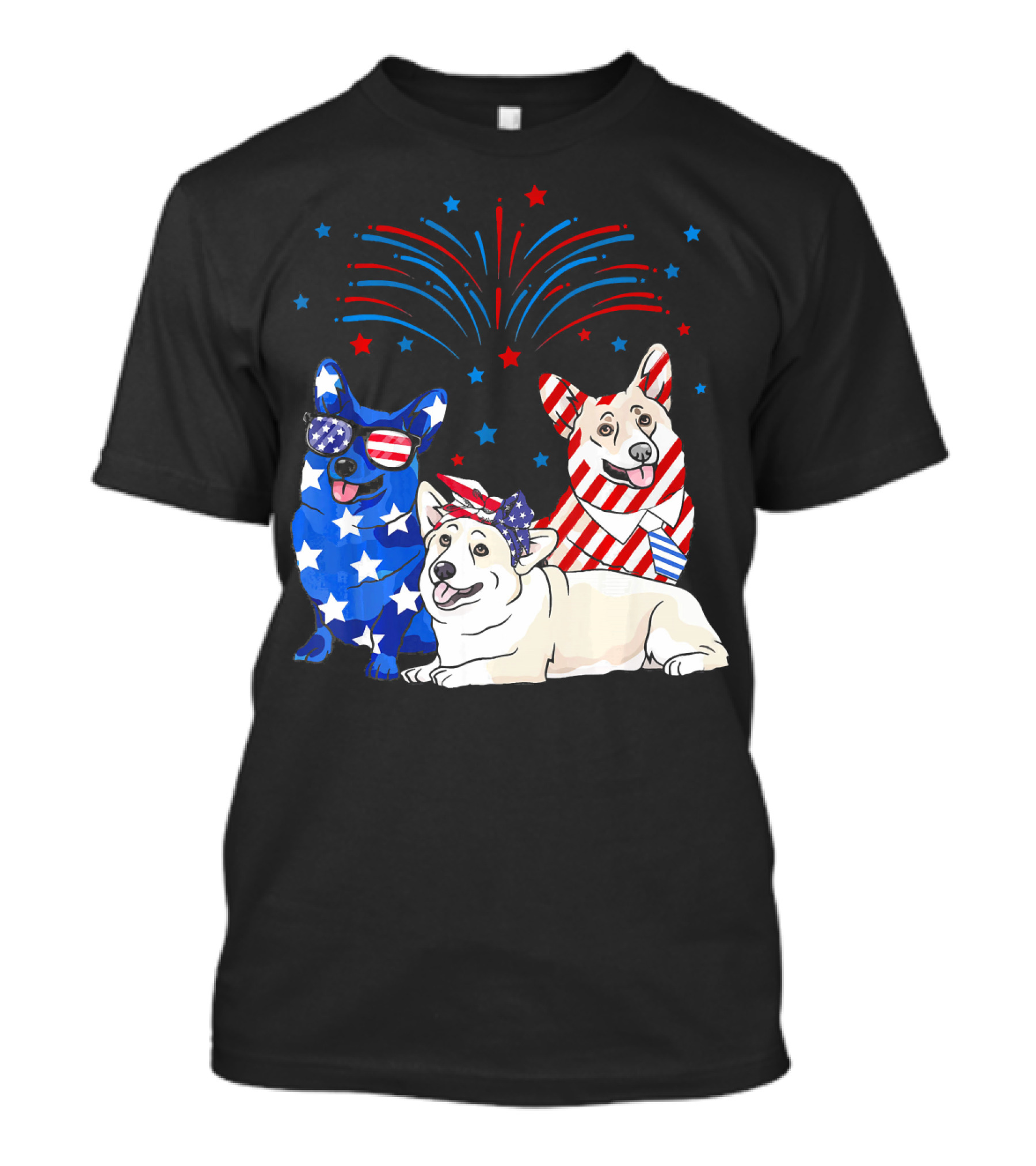 American Flag USA 4th Of July Corgi Patriotic Fireworks Celebration Dog Trio T-Shirt
