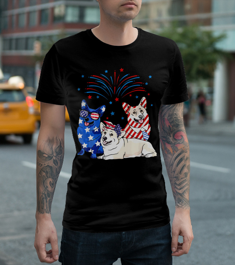 American Flag USA 4th Of July Corgi Patriotic Fireworks Celebration Dog Trio T-Shirt